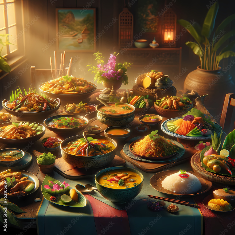 A photo-realistic image showcasing a variety of Thai foods displayed on a table.