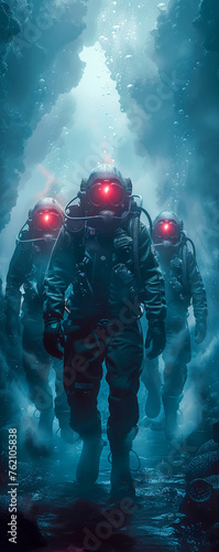 Aquatic Explorers, Mechanical diving suits, Adventurous group venturing into uncharted deep-sea trenches, Encountering colossal creatures of the abyss, 3D Render, Backlights, Chromatic Aberration