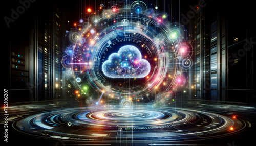 Digital informational technology web advanced hologram with cloud advanced hologram featuring electronic technology and a cloud symbol a luminescent cloud icon within a nexus of cyber connections.