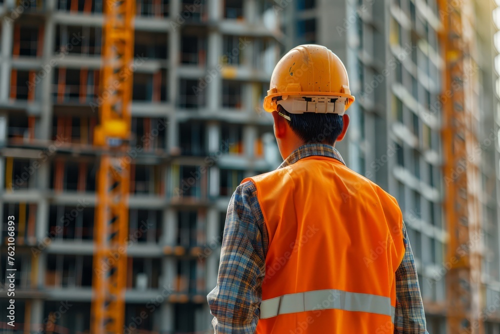 A back view of a construction worker engineer, wearing a yellow safety helmet and orange vest, standing at a construction site A back view of a construction worker engineer, wearing a yellow safety helmet and orange vest, standing at a construction site