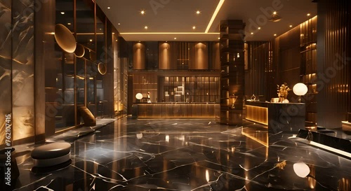 Luxurious hotel lobby with wooden colors photo