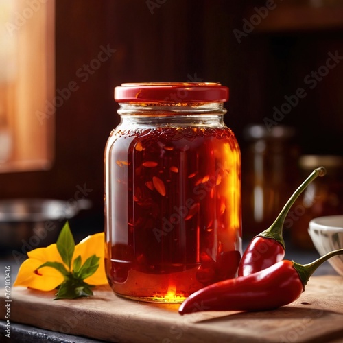 Spicy hot preserved chili oil in jar, homemade condiment