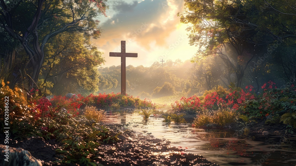 christian cross in nature - obrazy, fototapety, plakaty 