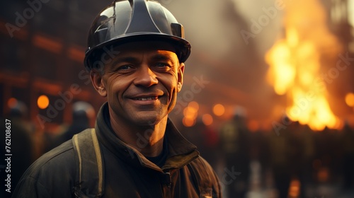 Man in Hard Hat Facing Fire