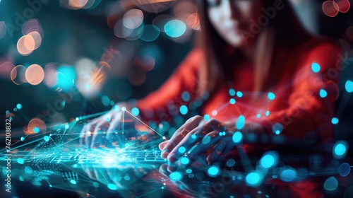 Digital technology, internet network connection, big data, digital marketing things. Woman using modern computer surfing internet futuristic metaverse, innovative technology background