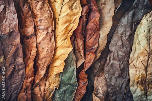 tobacco leaves, carefully arranged to showcase their textures and colors photo