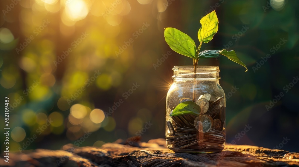 Plant Growing In Savings Coins - Investment And Interest Concept - obrazy, fototapety, plakaty 