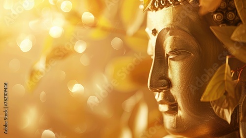 Makha Asanaha Visakha Bucha Day Golden Buddha image. Background of Bodhi leaves with shining light. Soft image and smooth focus style © buraratn