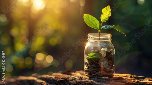 Plant Growing In Savings Coins - Investment And Interest Concept photo