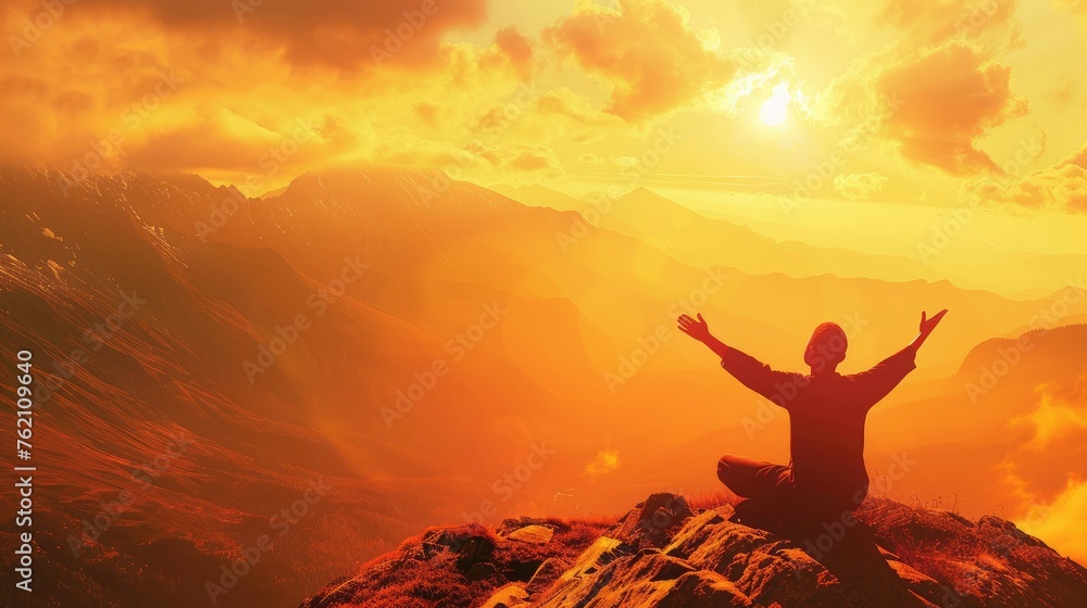 Silhouette of a person kneeling with open arms and looking at the sky on top of a mountain. Concept of religious and spiritual life. Warm atmosphere at dawn. Copy space