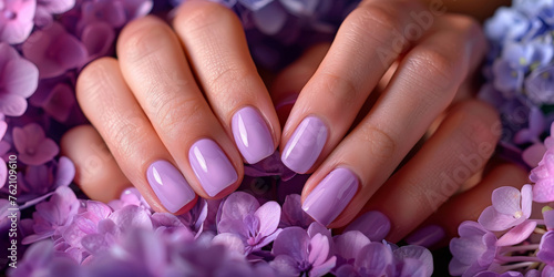 A closeup of hands with purple color nails, for cosmetic advertising, feminine product, romantic atmosphere 