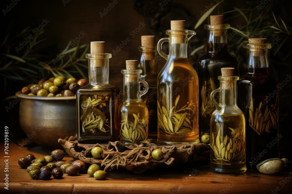 Refillable Olives oil bottles. Healthy food. Generate Ai Refillable Olives oil bottles. Healthy food. Generate Ai