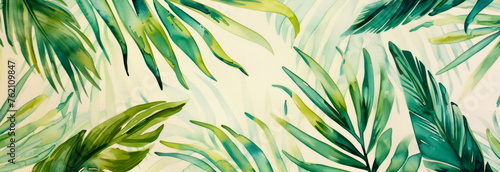 Tropical watercolor palm leaf pattern , evoking a sense of relaxation and tranquility in coastal-inspired . Generative AI