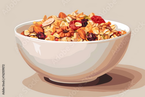 bowl of homemade granola, showcasing the crunchy clusters of oats, nuts, and dried fruit. Generative AI
