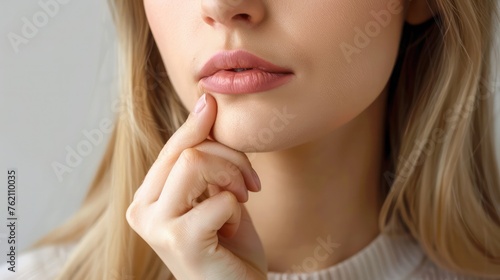 The woman is picking the fat on her chin. photo