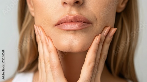 The woman is picking the fat on her chin. photo
