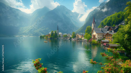 A serene alpine lake glistens under the European summer sun, cradled by majestic mountains that echo the tranquility of nature in Austria photo