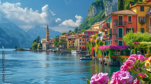 A vibrant scene of colorful flowers in the foreground of a tranquil European lake, creating a picturesque view of nature in Italy