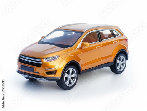 Orange toy SUV car model isolated on a white background, showcasing details and design.