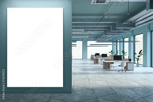 Modern spacious coworking office interior with empty white mock up banner, furniture, windows and city view. 3D Rendering.