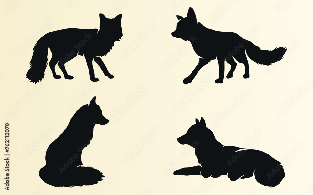 Print. Black silhouettes of wild foxes. Vector on a gray background