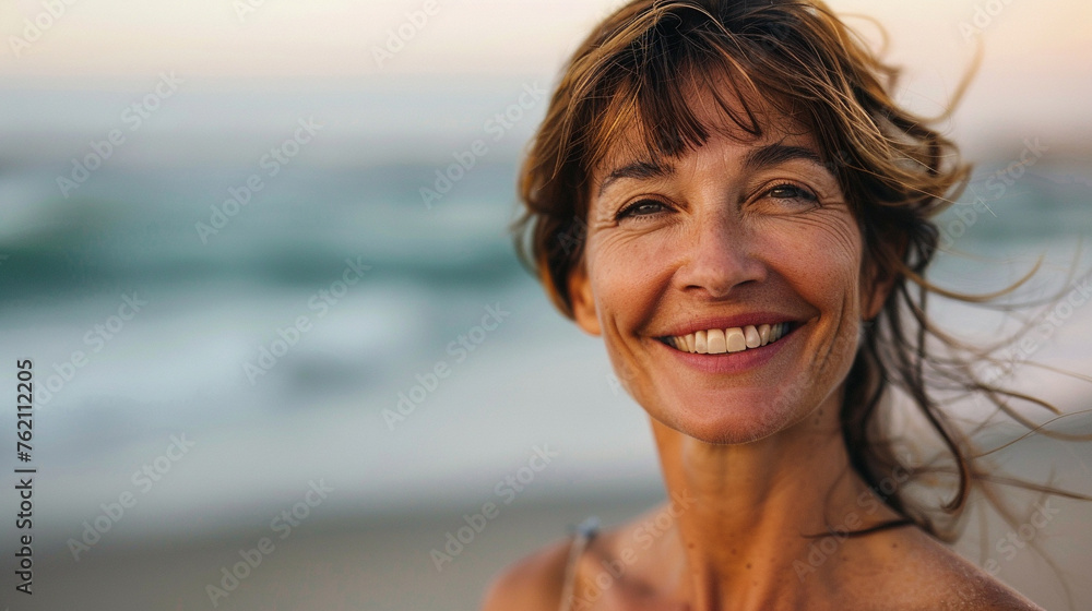 Happy 40 years old woman on the beach smiling with serenety close up