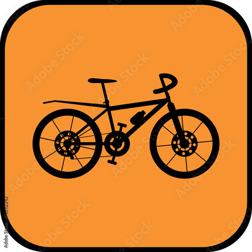 Orange, square mountain bike icon. Vector on a gray background
