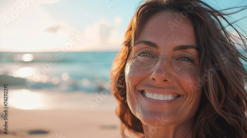 Happy 40 years old woman on the beach smiling with serenety close up © Alexander