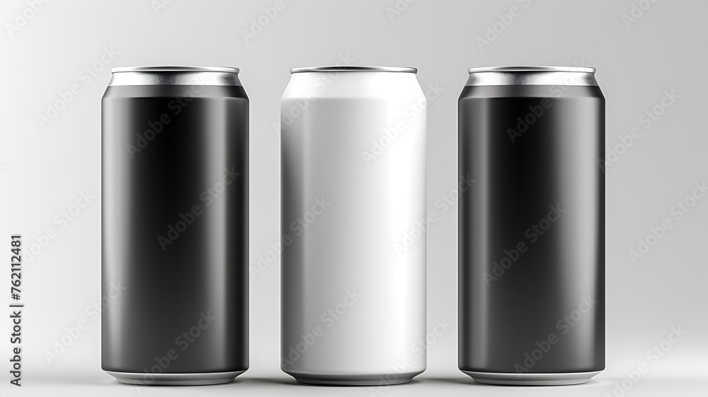 3 white blank can mockups, black and silver color theme, isolated on a light grey background with soft shadows under the cans 3 white blank can mockups, black and silver color theme, isolated on a light grey background with soft shadows under the cans