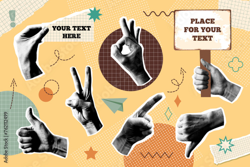 Concept of vintage new nostalgia collage style. Set of paper halftone hands wth different gestures. Retro vector pop art design.