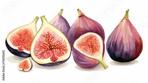 Whole figs and one fig sliced in half on white background