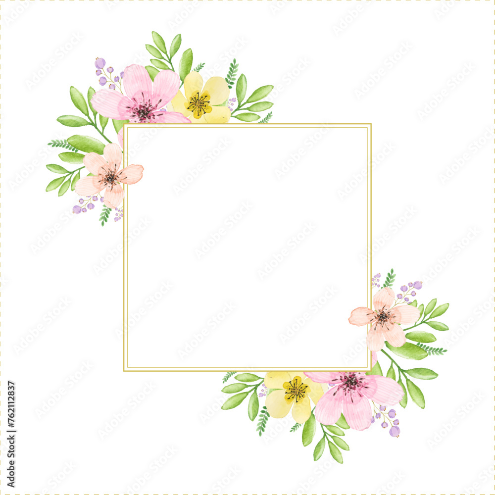 Pink, yellow and green romantic hand painted watercolor floral frame. Cute elegant flowers and leaves graphic design elements. Spring floral frame with flowers and leaves. Wedding frame.