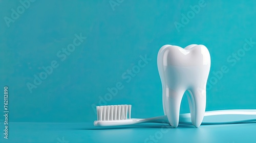 White tooth with a toothbrush on a blue background. Dental hygiene concept. Prevention of plaque and gum disease. AI Generated.