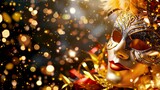 Carnival background. Rectangular Background with gold and dark sequins and a golden helmet in the corner.