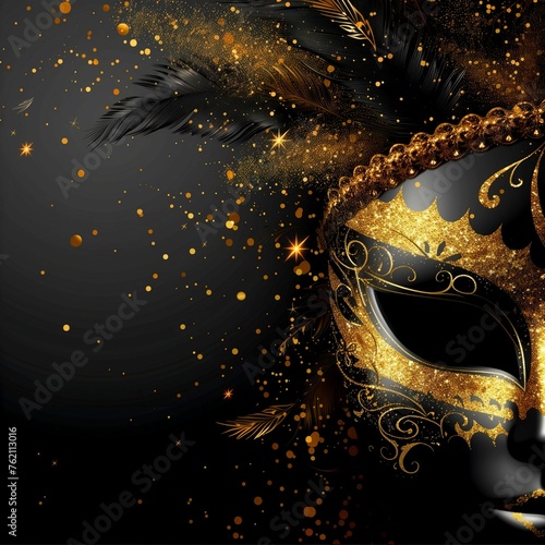 a black and gold carnival mask on a black background.	
 photo