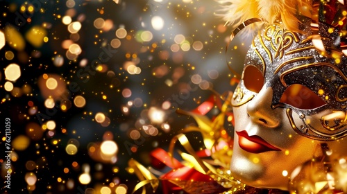 Carnival background. Rectangular Background with gold and dark sequins and a golden helmet in the corner. © Ksenia Grain
