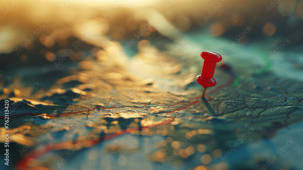 Red pushpin on a map, marking a journey's destination at golden hour. Red pushpin on a map, marking a journey's destination at golden hour.