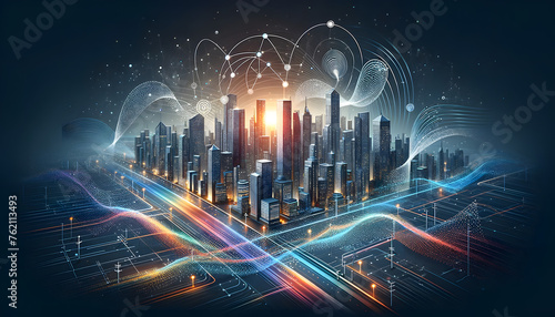 A detailed city view showcasing the seamless integration of electronic infrastructure an urban environment enhanced by technology and connectivity smart city big data advanced urban development. 