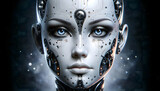 An ai's face with metallic textures and subtle emotive expressions a detailed visage of a female robot highlighting intricate circuitry and the nuanced interplay of intelligence and awareness female.