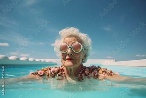 Whimsical Old lady pool ring. Lady summertime. Generate Ai © juliars