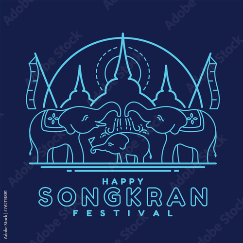 Happy songkran festival with Blue light line Thai elephant family playing water and temple in songkran festival on dark blue background vector design