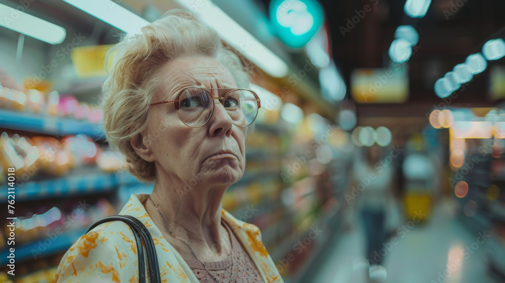 Elderly woman with glasses expresses surprise and skepticism in a grocery aisle. Elderly woman with glasses expresses surprise and skepticism in a grocery aisle.