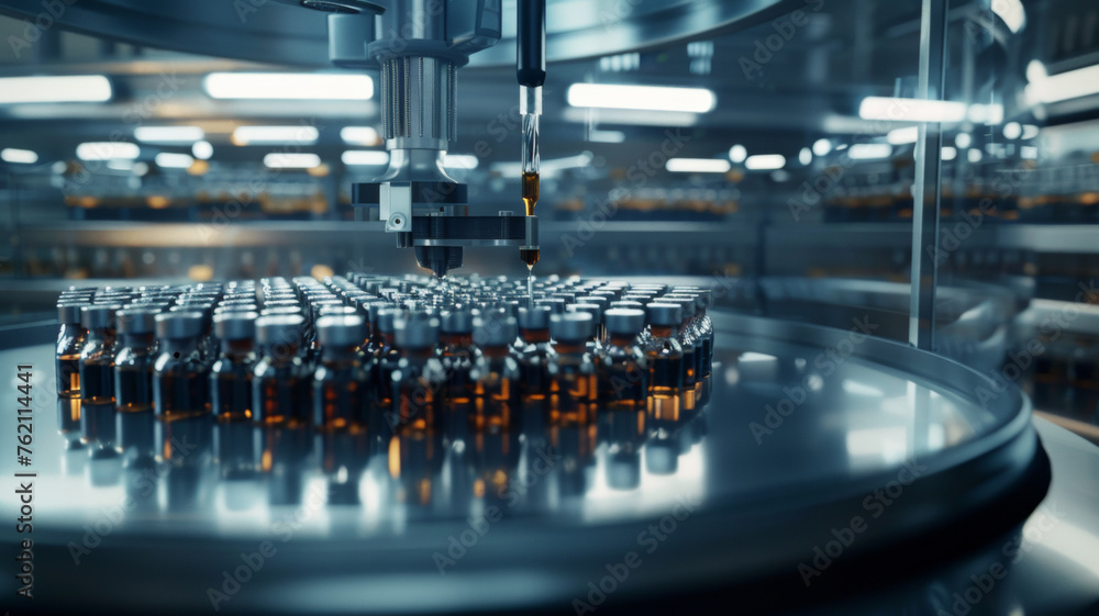 Precision engineering at work with automated machinery filling vials in pharma lab.
