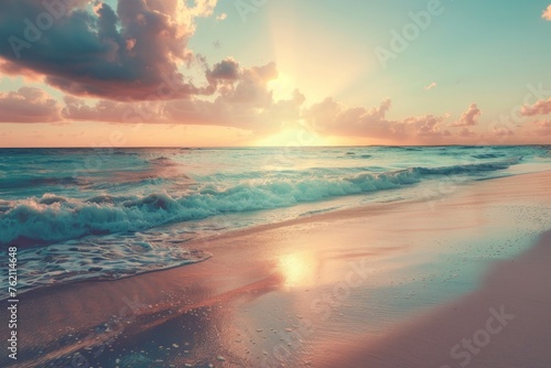 Golden Sunset Splendor on a Serene Tropical Beachfront Generative AI © Gelpi