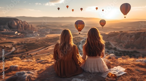 Two friends sitting on the edge of Cappadocia, overlooking an ancient valley at sunset with hot air balloons floating overhead. The woman has long brown hair and is wearing a flowing white dress