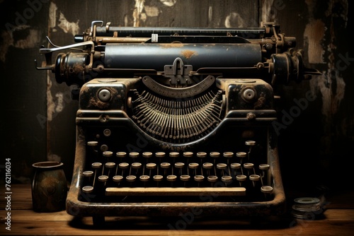 Rusty Old typewriter. White page machine. Generate Ai