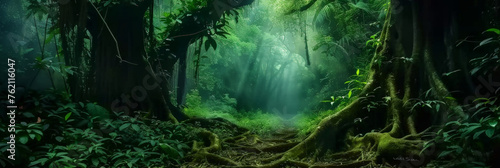 a grreen tropical jungle with vines and tree roots, a dark  misty green forest bbackground,banner photo