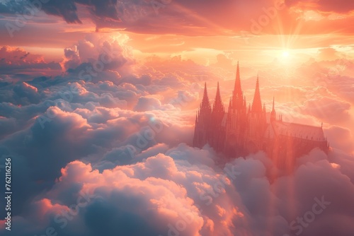 A castle is seen in the clouds with the sun shining on it photo