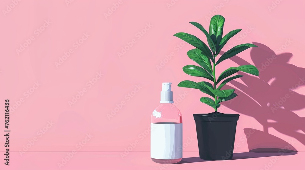 Minimalistic vector illustration of green plant in black pot placed near bottle of fertilizer on pink background