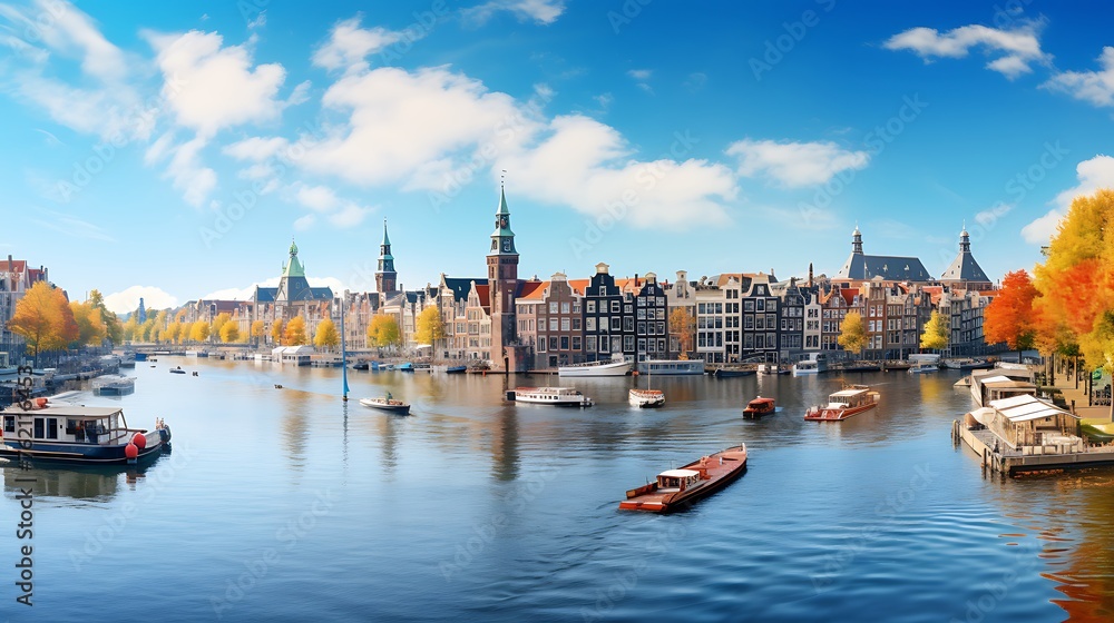 A beautiful cityscape of Amsterdam with canals, bridge and autumn trees, sunny day with blue sky A beautiful cityscape of Amsterdam with canals, bridge and autumn trees, sunny day with blue sky